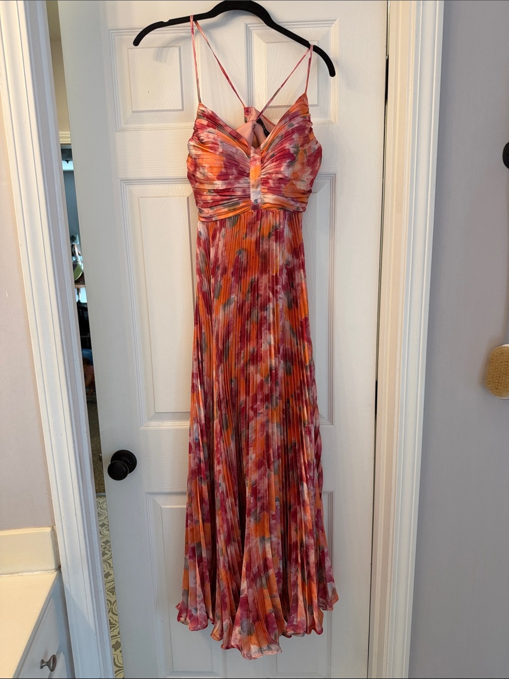 Lulu's Pink-Orange Floral Pleated Maxi Dress